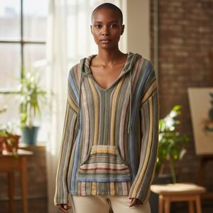 Natural Reflections Sweater Women Medium Hooded Pullover Striped Multi Aztec